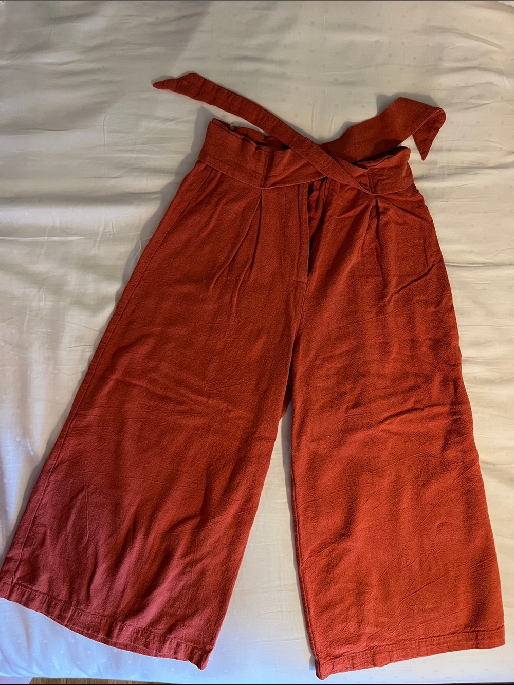 Tie-front Linen Blend Gaucho Pants - Rust - Size Small